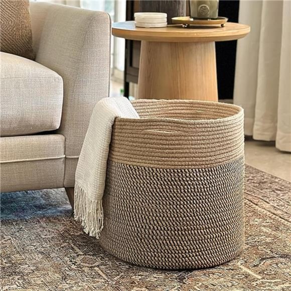 Large Cotton Rope Basket 15.8"x15.8"x13.8-Baby Laundry Woven Blanket Nursery Bin - Picture 4 of 7